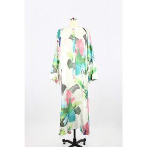 NWOT NATORI Calypso White Floral Satin Zip Front Caftan Dress, Size L